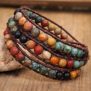 African Turquoise Bead Boho 3 Strands Handmade Woven Leather Women Wrap Bracelet